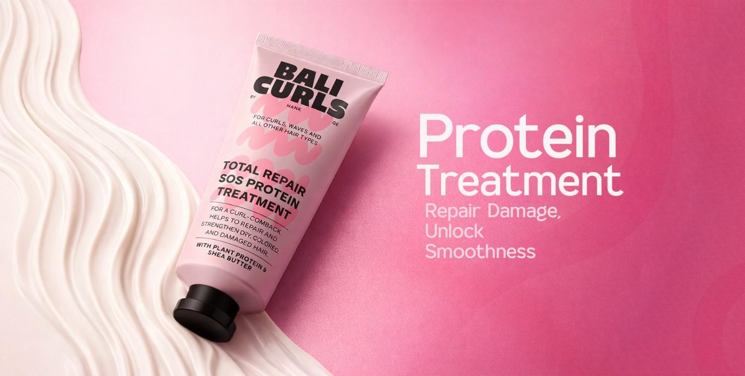Pink tube of Bali Curls Total Repair SOS Protein Treatment for damaged hair, with text "Protein Treatment".