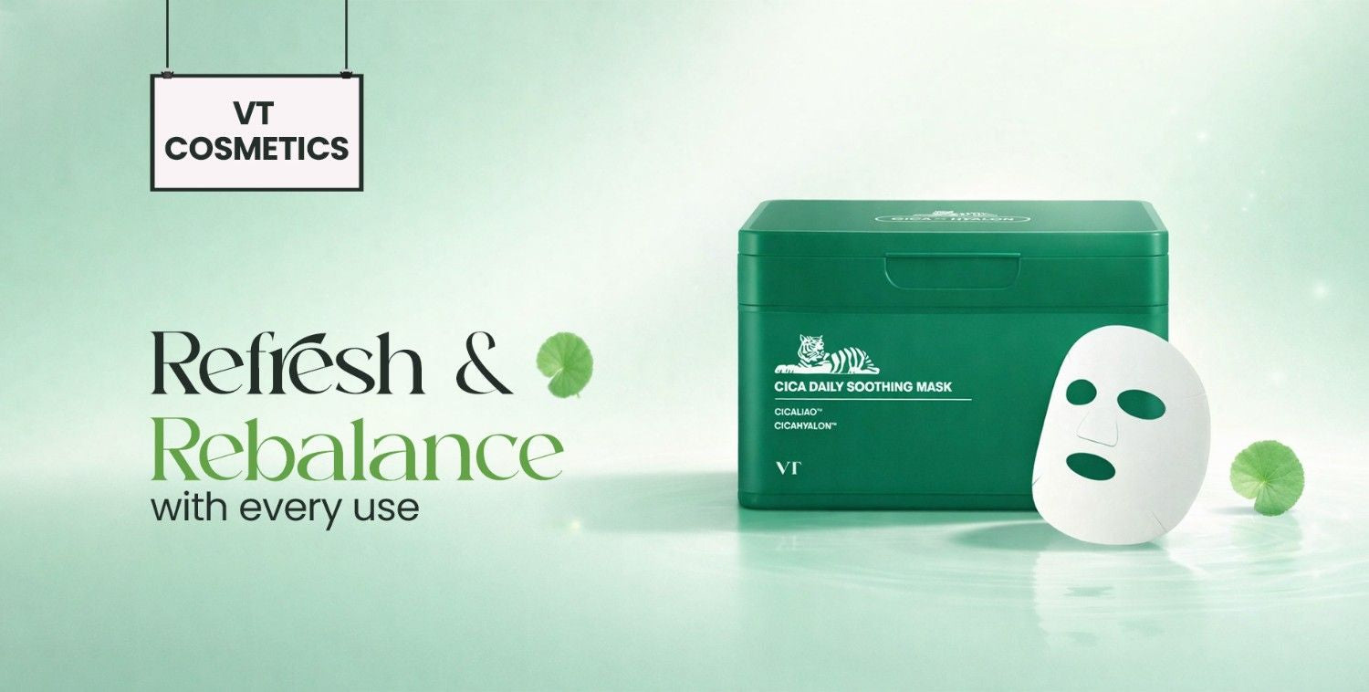 VT Cosmetics Cica Daily Soothing Mask in a green box with a white sheet mask and cica leaves.