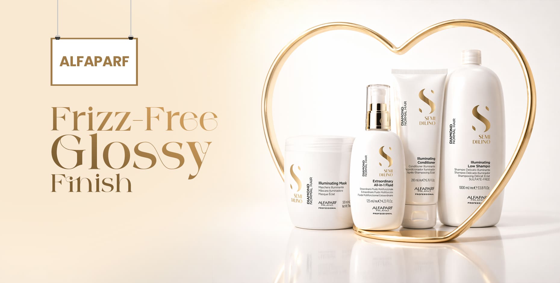 Alfaparf Semi di Lino Diamond hair products in a gold heart-shaped display, promising a frizz-free, glossy finish.