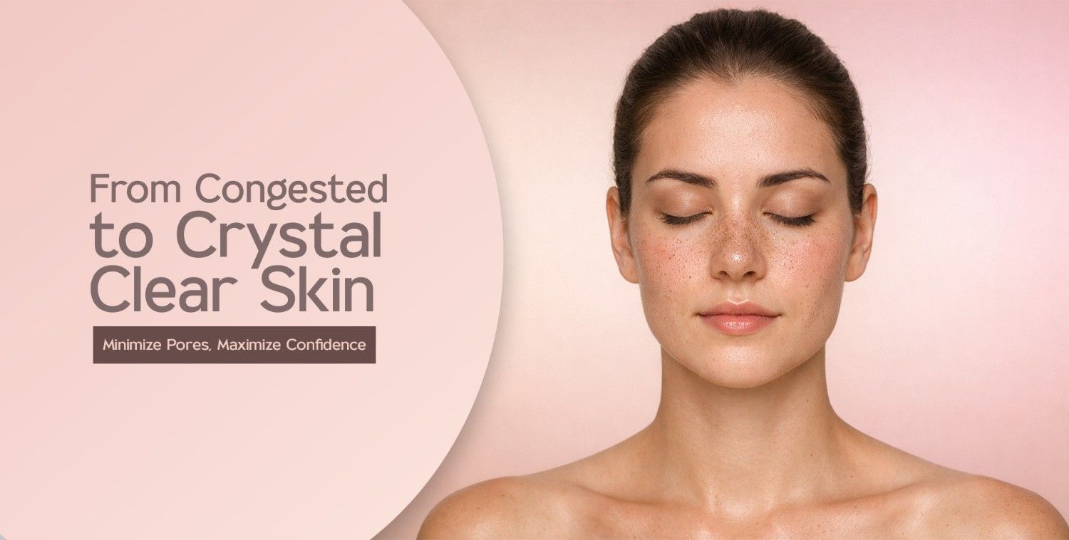 Woman with clear, calm skin and closed eyes, representing a collection for minimizing pores.