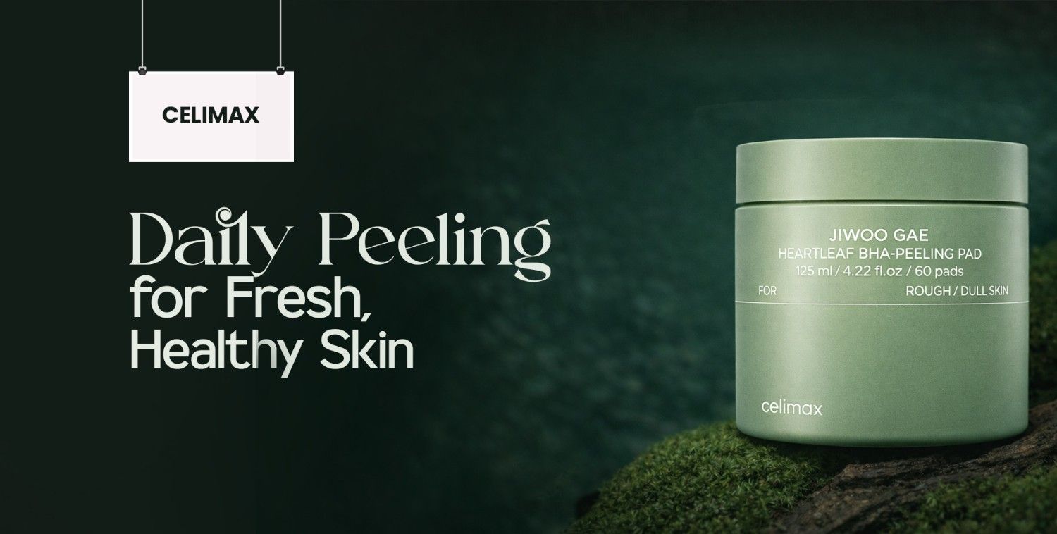 Celimax Daily Peeling pads in a minimalist green jar on moss, promoting fresh, healthy skin.