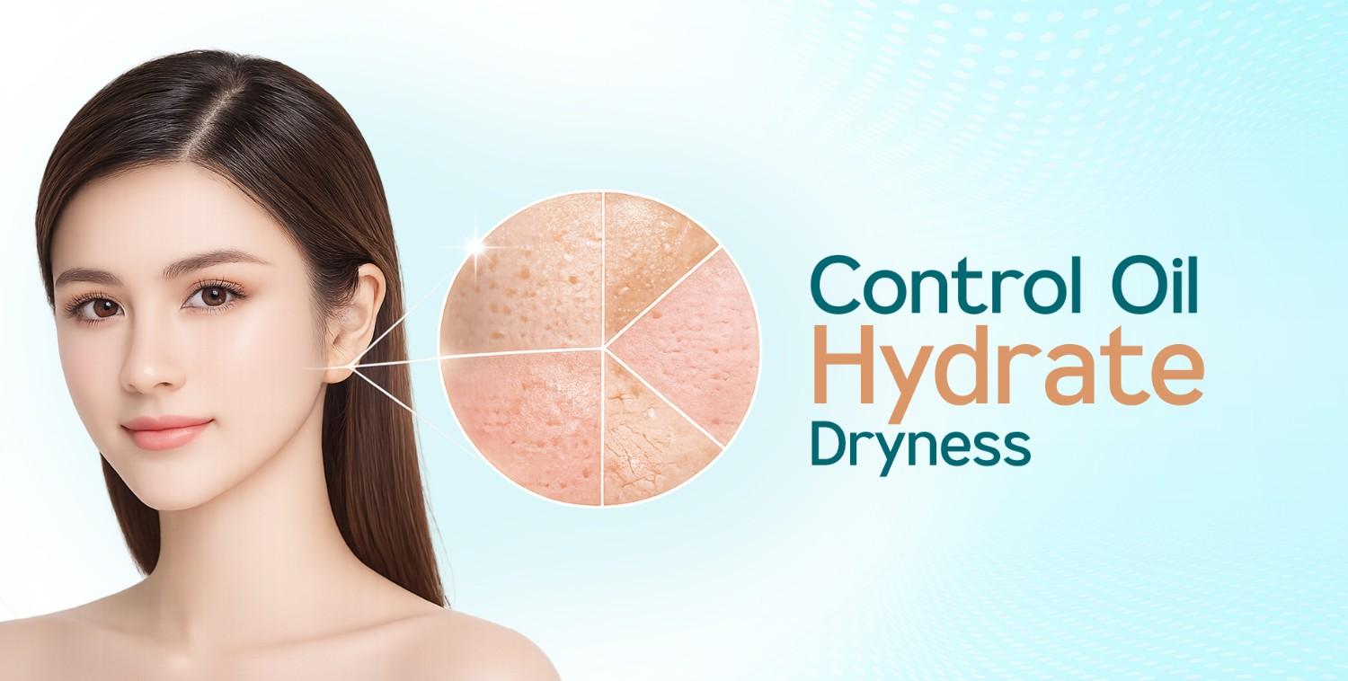 Woman with clear skin, next to a segmented circle showing oily, dry, and acne-prone skin textures.