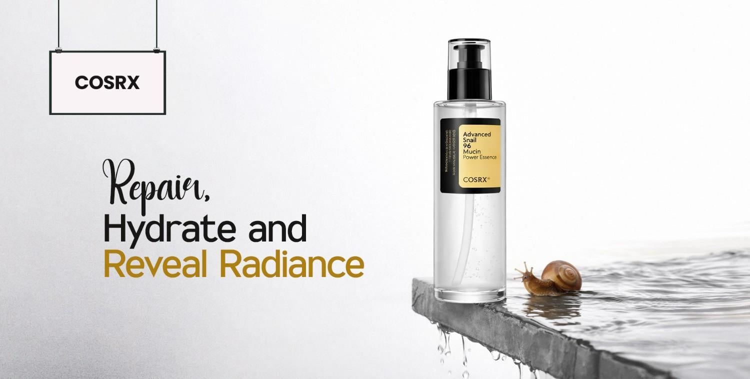 Cosrx Advanced Snail 96 Mucin Power Essence bottle with a snail on a wet stone.