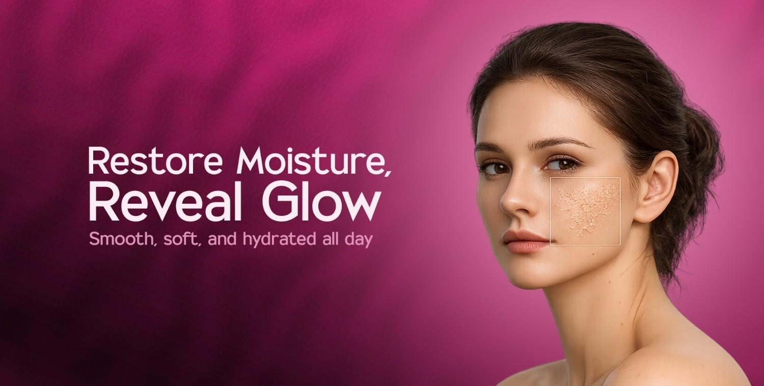 Woman with dry skin on her cheek, promoting products to restore moisture and reveal a glow.