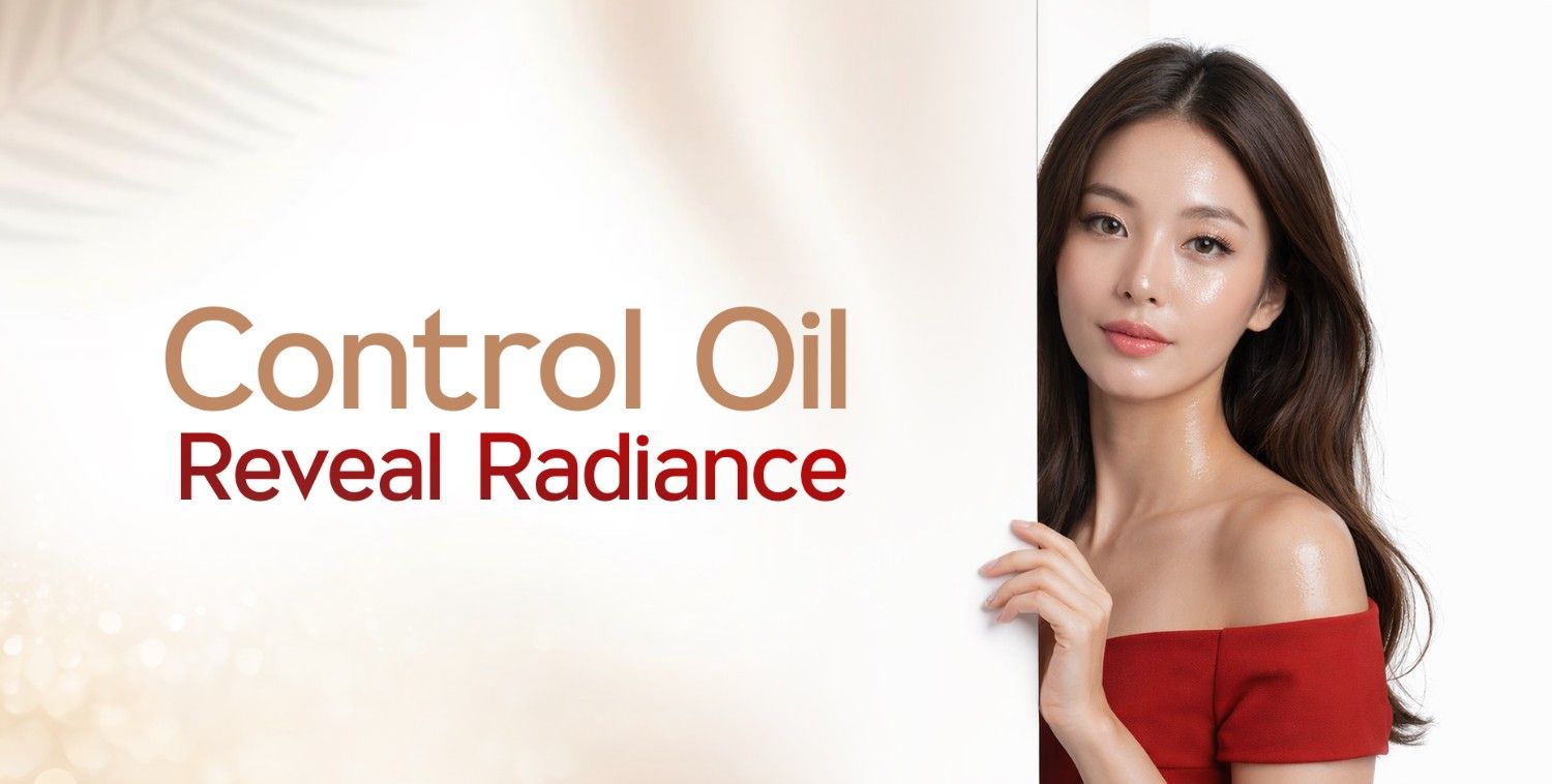 Radiant woman with glowing skin in a red top, promoting oil control and a healthy complexion.