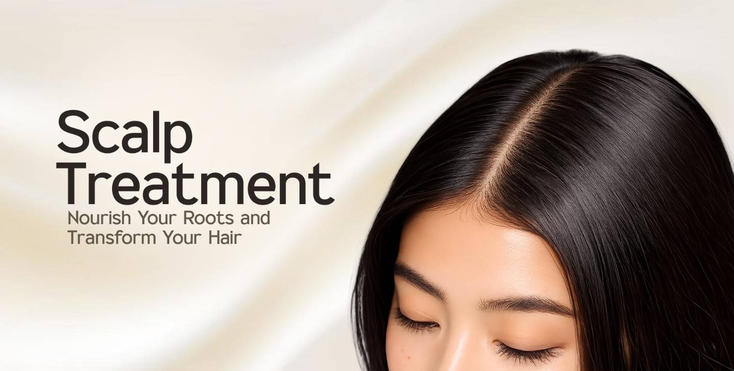 Close-up of a woman's healthy scalp and shiny dark hair, parted down the middle.
