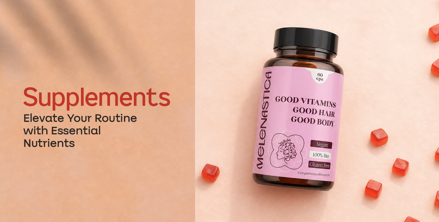 Pink bottle of vegan, bio, gluten-free gummy vitamins on a peach background with scattered red gummies.