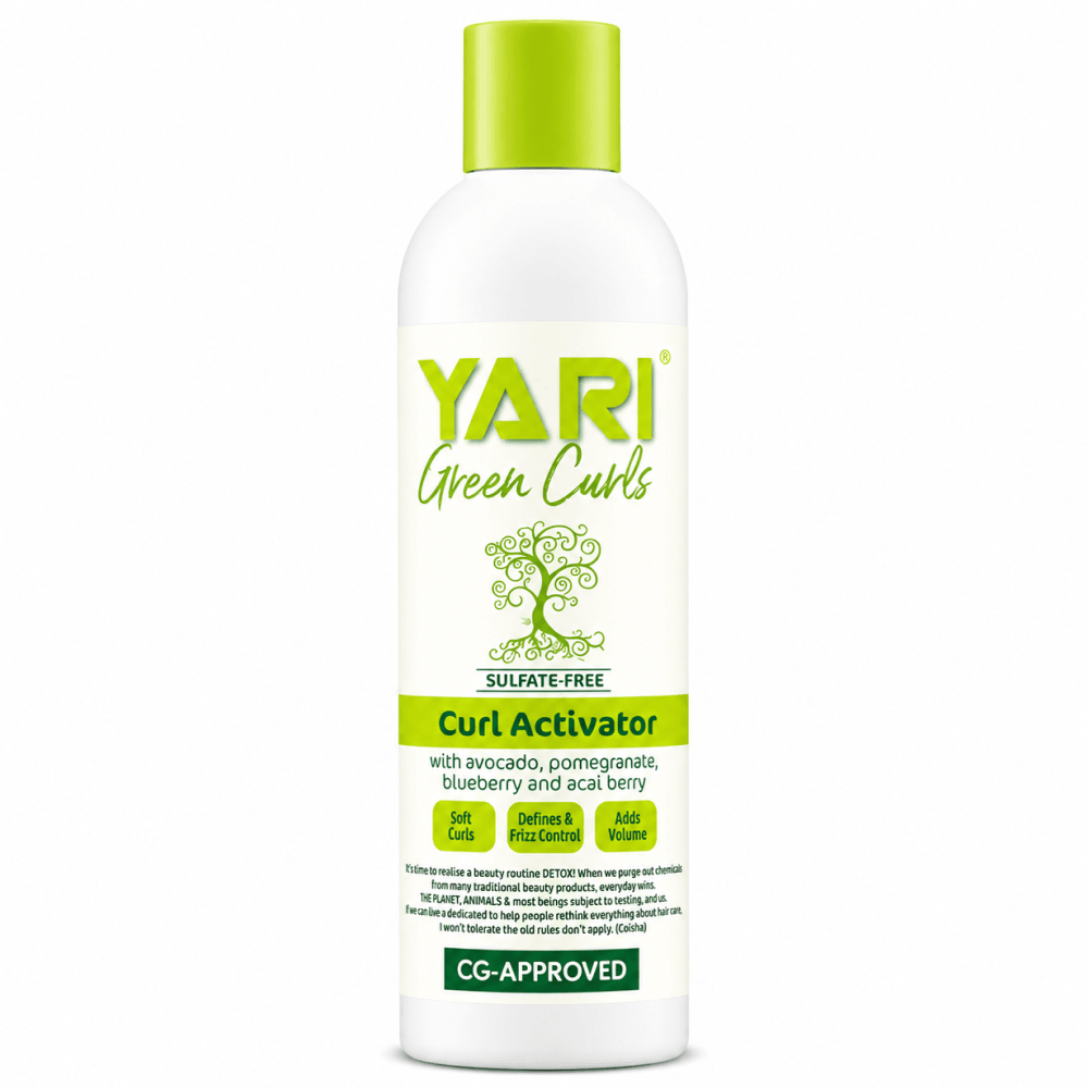 Yari Green Curls Curl Activator, a white bottle with a bright green cap and label, featuring a tree logo.