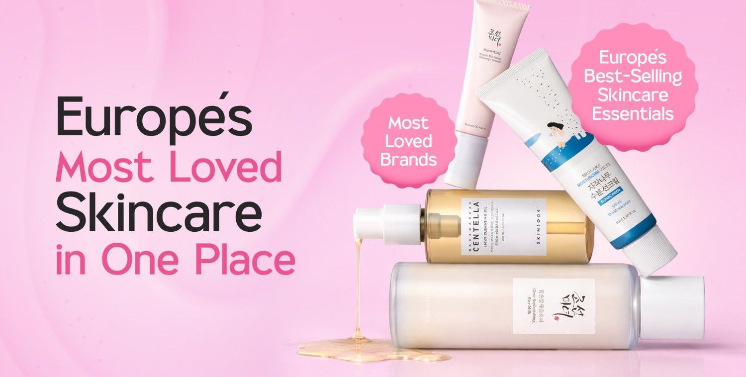 Assortment of popular K-beauty skincare products on a pink background, featuring creams, serums, and toners.