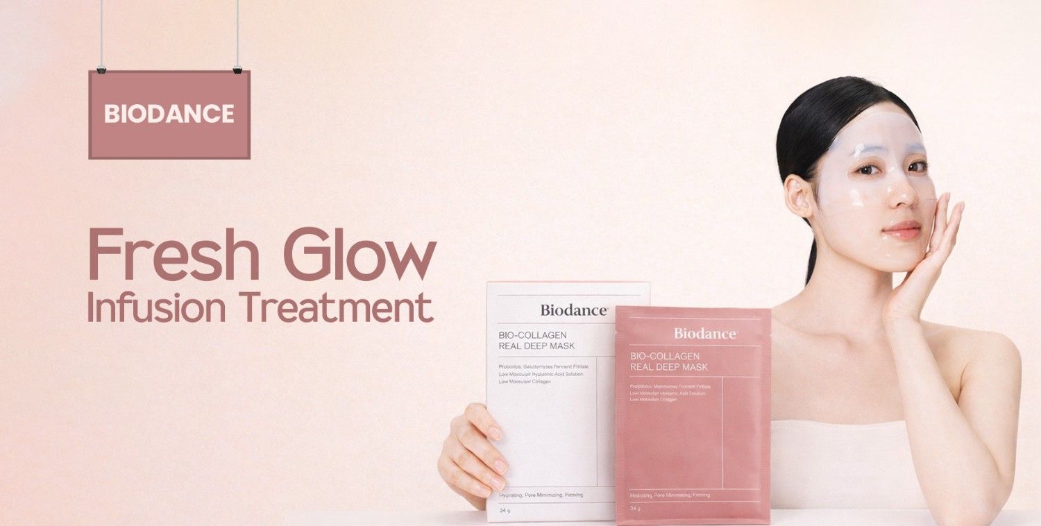 Woman with a clear face mask, holding Biodance Bio-Collagen Real Deep Mask packaging.