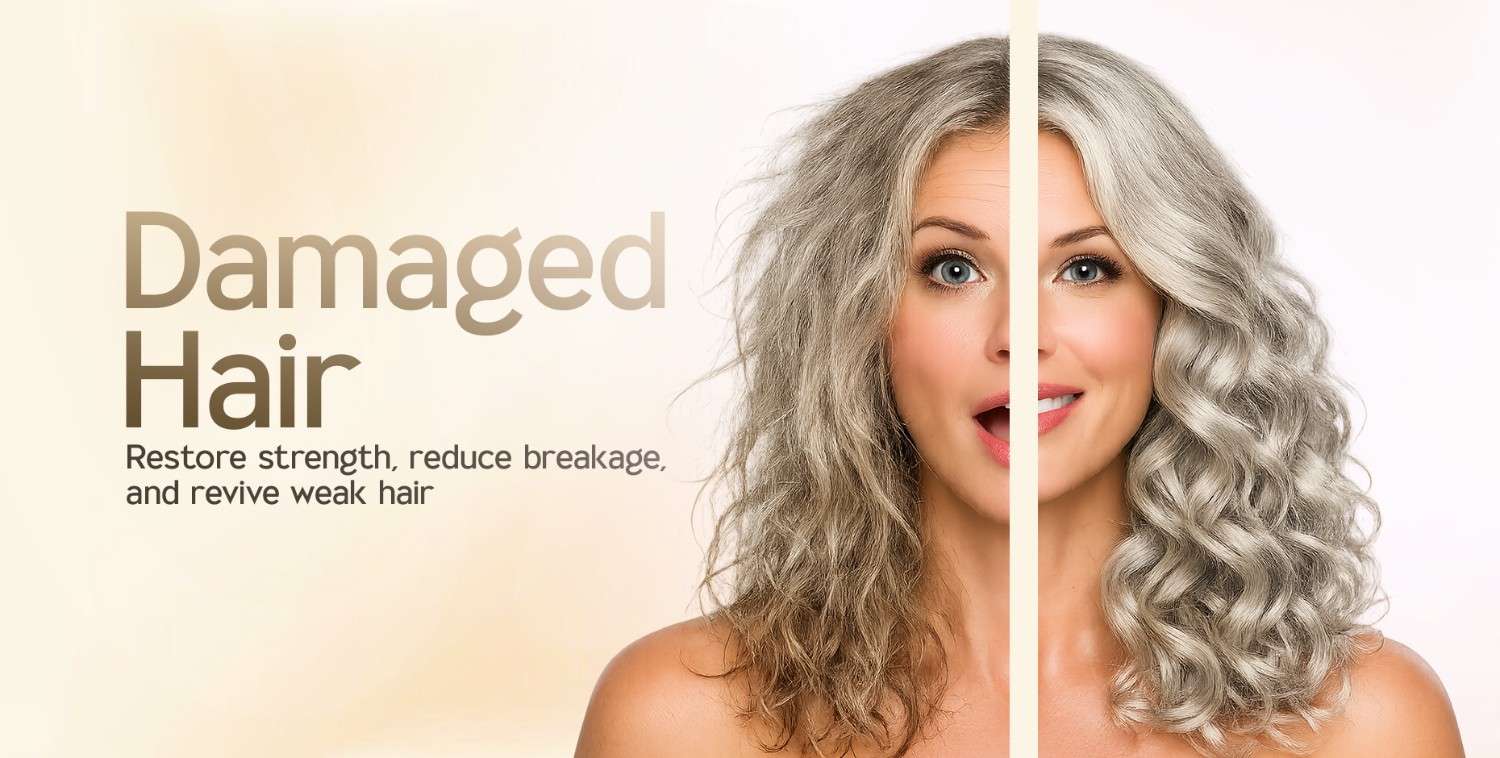 Woman with split image: frizzy, dull hair on left, shiny, healthy silver waves on right.