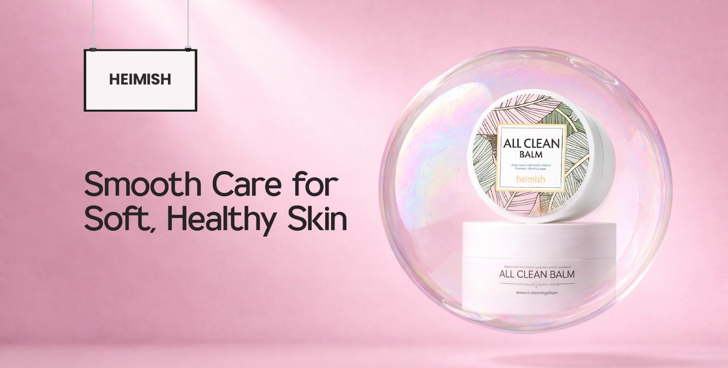 Heimish All Clean Balm in a bubble, promoting smooth, healthy skin on a pink background.