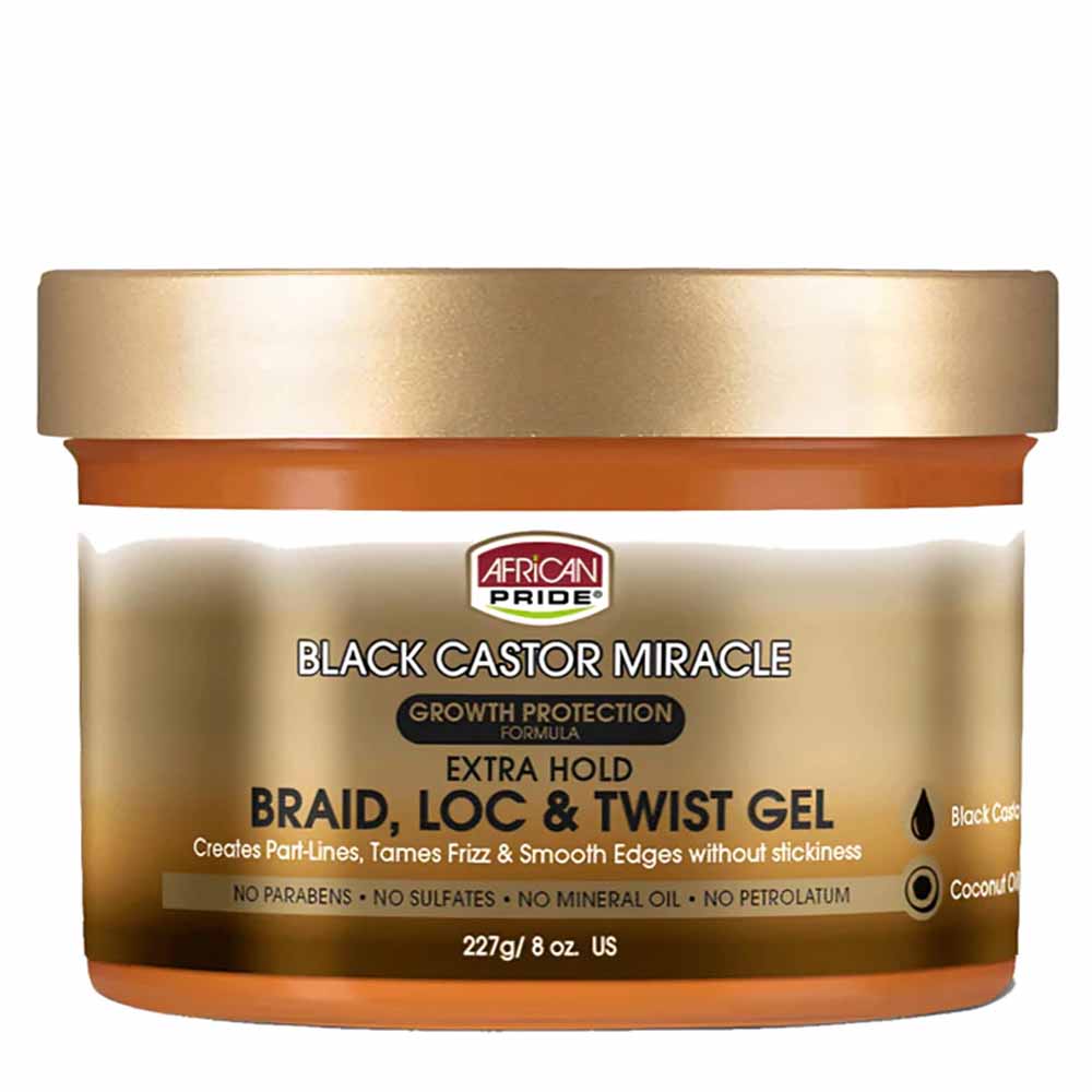 African Pride Black Castor Miracle Braid, Loc & Twist Gel in an orange jar with a gold lid, 227g.