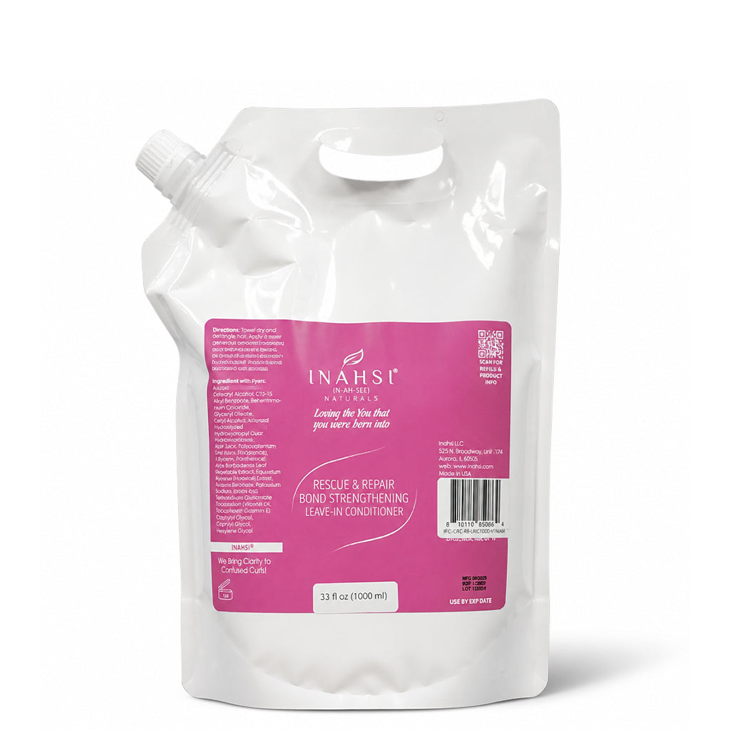 White Inahsi Naturals Rescue & Repair Leave-in Conditioner 33 fl oz pouch with pink label and spout.