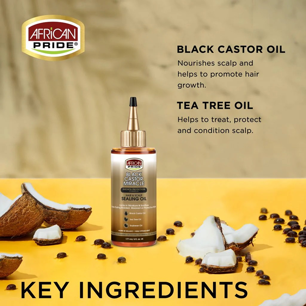 African Pride Black Castor Hair & Scalp Sealing Oil bottle with coconuts and castor beans on a yellow surface.