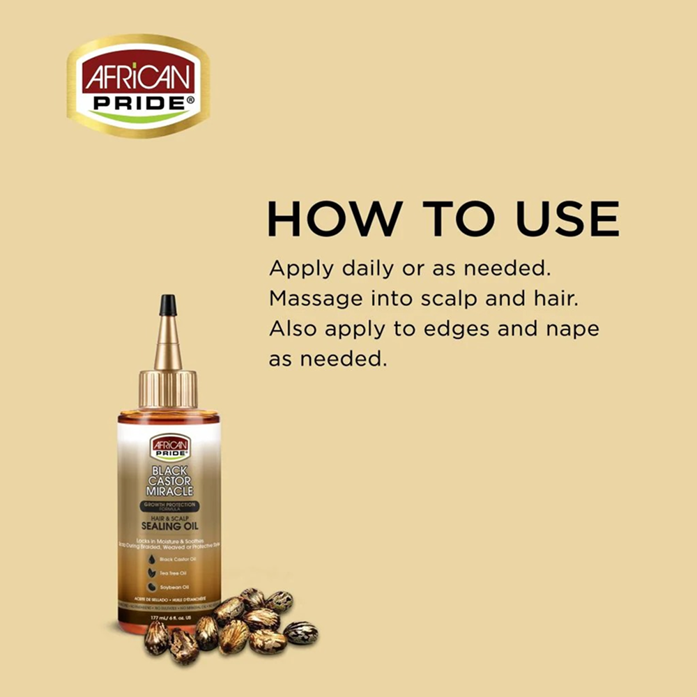 African Pride Black Castor Miracle Sealing Oil in a brown bottle with a gold applicator, next to castor beans.