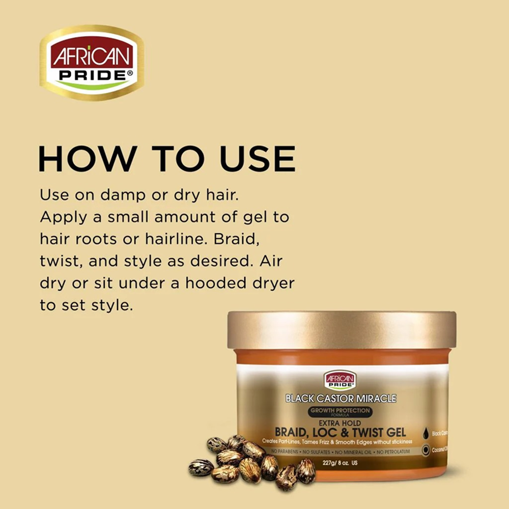 African Pride Black Castor Miracle Braid Loc & Twist Gel 227g jar with castor beans and coconut oil.