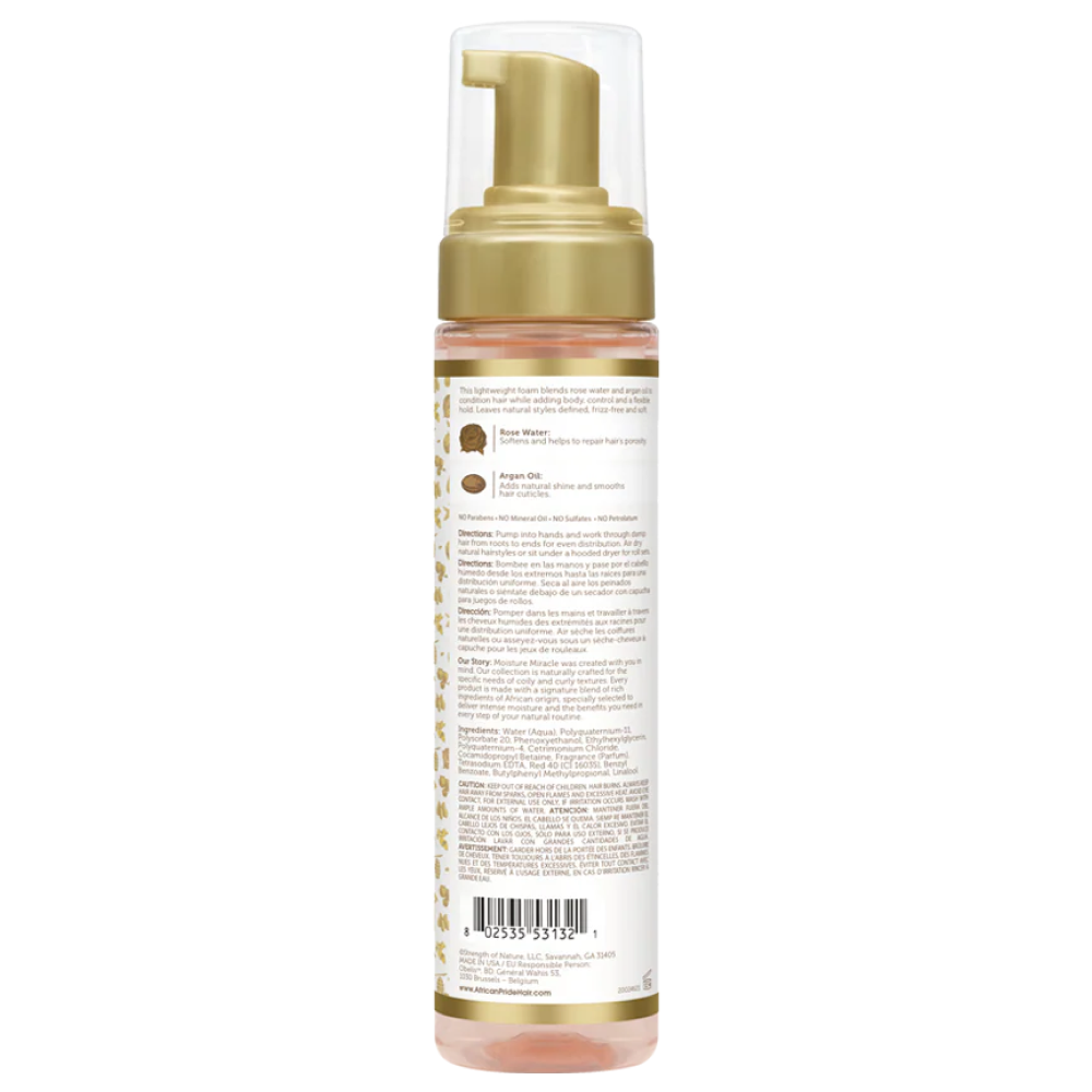 African Pride Moisture Miracle Curl Mousse, clear bottle with gold pump, rose water & argan oil.
