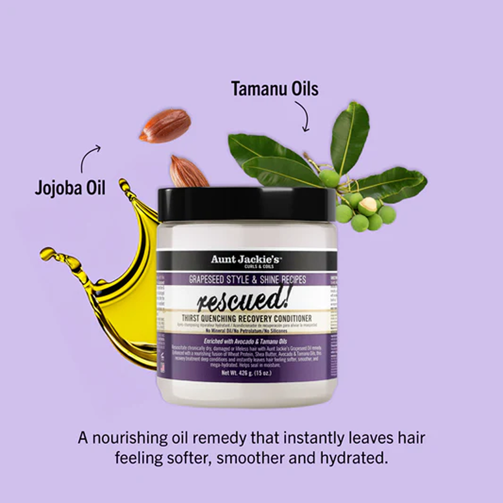 Aunt Jackie's Rescued! Thirst Quenching Recovery Conditioner, 426g jar, with grapeseed, jojoba, and tamanu oils.