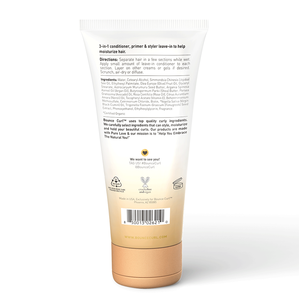 Bounce Curl Moisture Balance Leave-In Conditioner, 177ml white and gold tube with ingredients and branding.