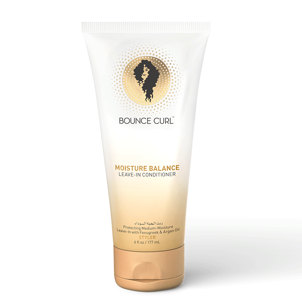 White and gold Bounce Curl Moisture Balance Leave-In Conditioner 177ml tube with a curly hair logo.