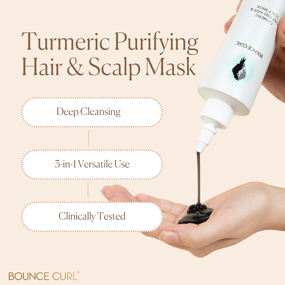 White Bounce Curl Turmeric Purifying Hair & Scalp Mask tube dispensing dark jelly into a hand.