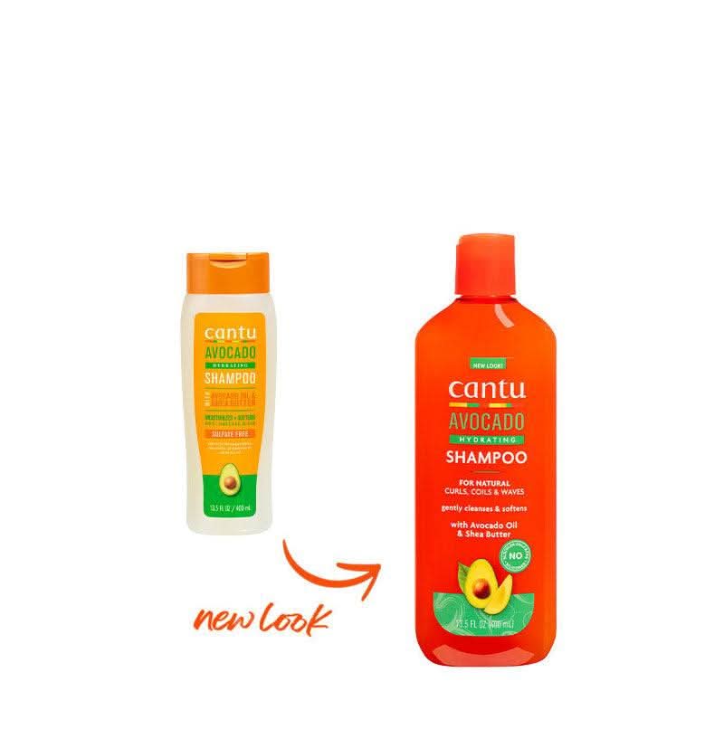 Cantu Avocado Hydrating Shampoo 400ml, showing old white bottle next to new orange bottle with avocado graphic.