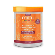 Cantu Flexible Hold Strengthening Styling Gel with Jamaican Black Castor Oil, 524g, in an orange and white tub.