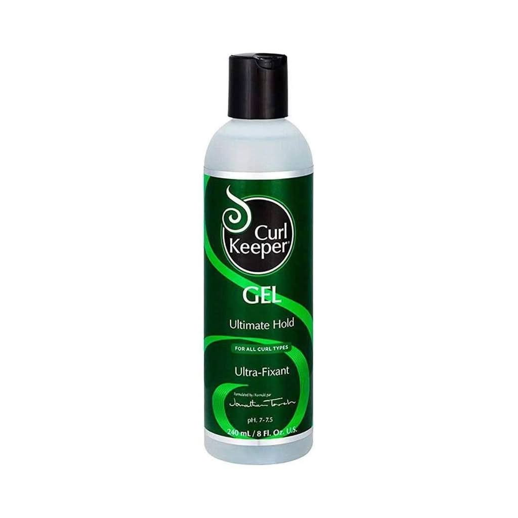 Curl Keeper Ultimate Hold Ultra-Fixant Gel in a clear bottle with a black cap and green label.