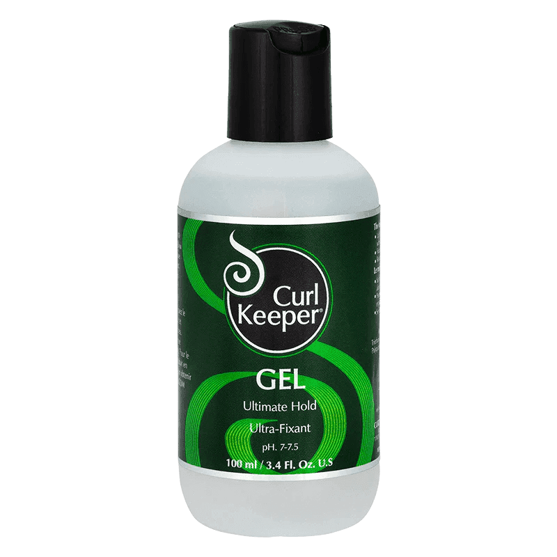 Curl Keeper Ultimate Hold Ultra-Fixant Gel in a clear 100ml bottle with a black cap and green label.