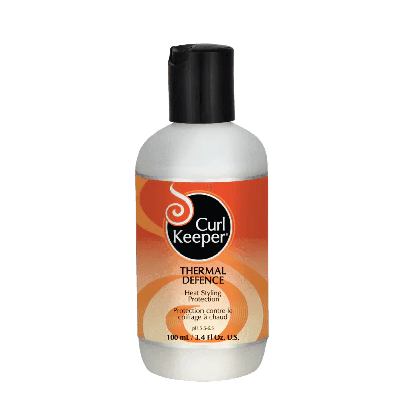 Curl Keeper Thermal Defence heat styling protection, 100ml white bottle with orange and black label.