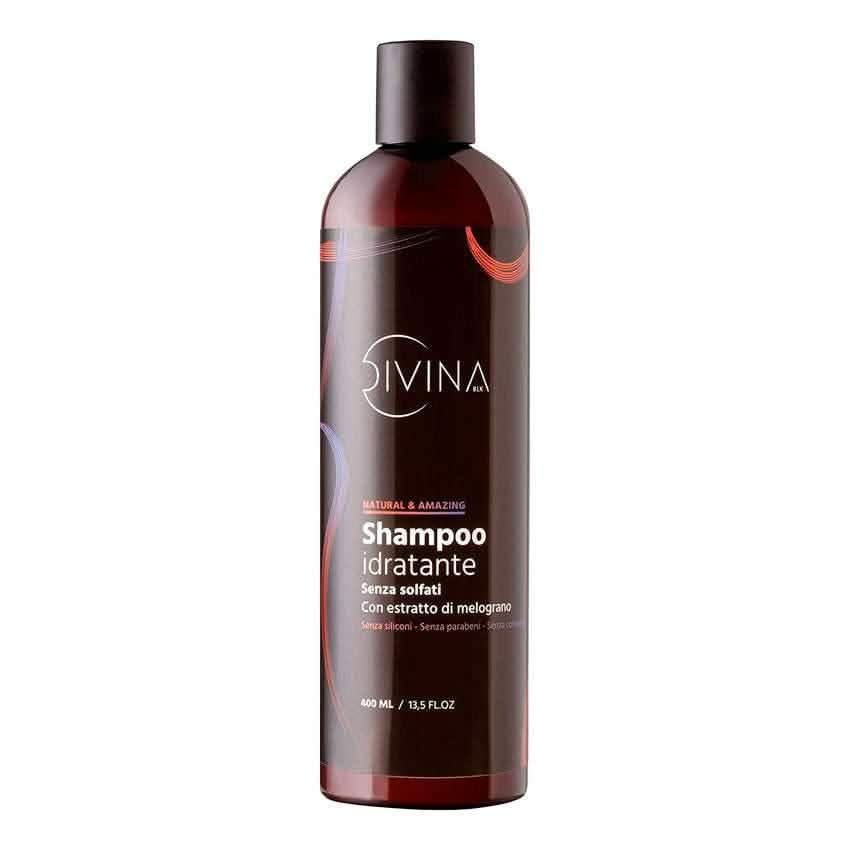 Divina BLK Hydrating Shampoo in a dark brown 400ml bottle with a black cap and red/purple label accents.