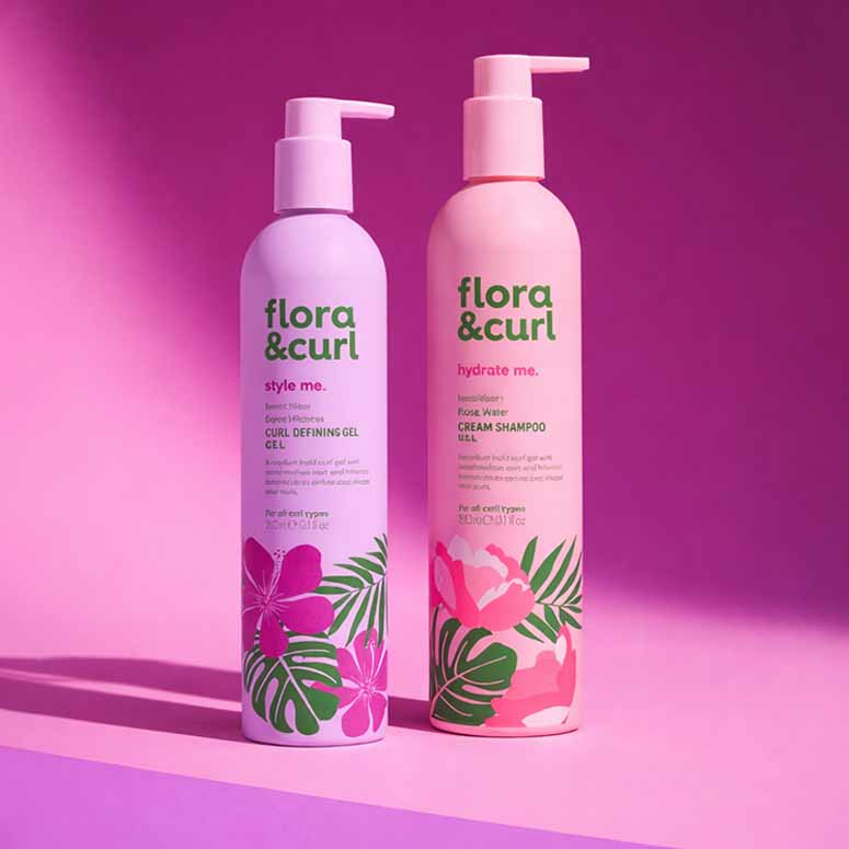 Two bottles of 'flora & curl' hair care products on a pink background