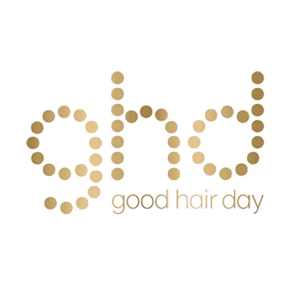 Gold 'good hair day' logo on a white