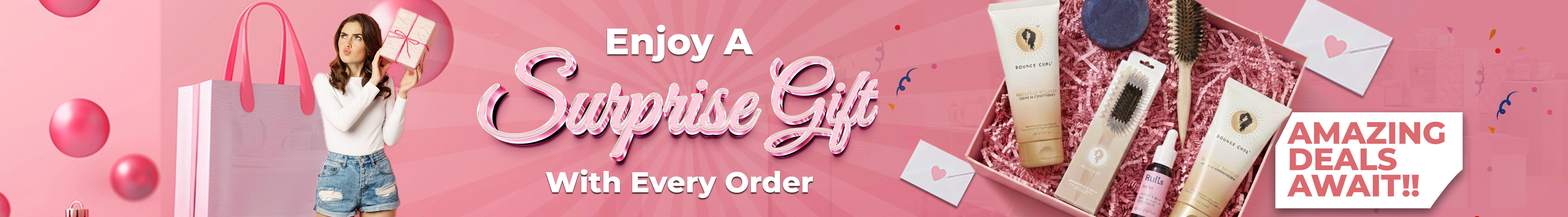 Promotional banner with 'Surprise Gift' offer and product display on a pink background