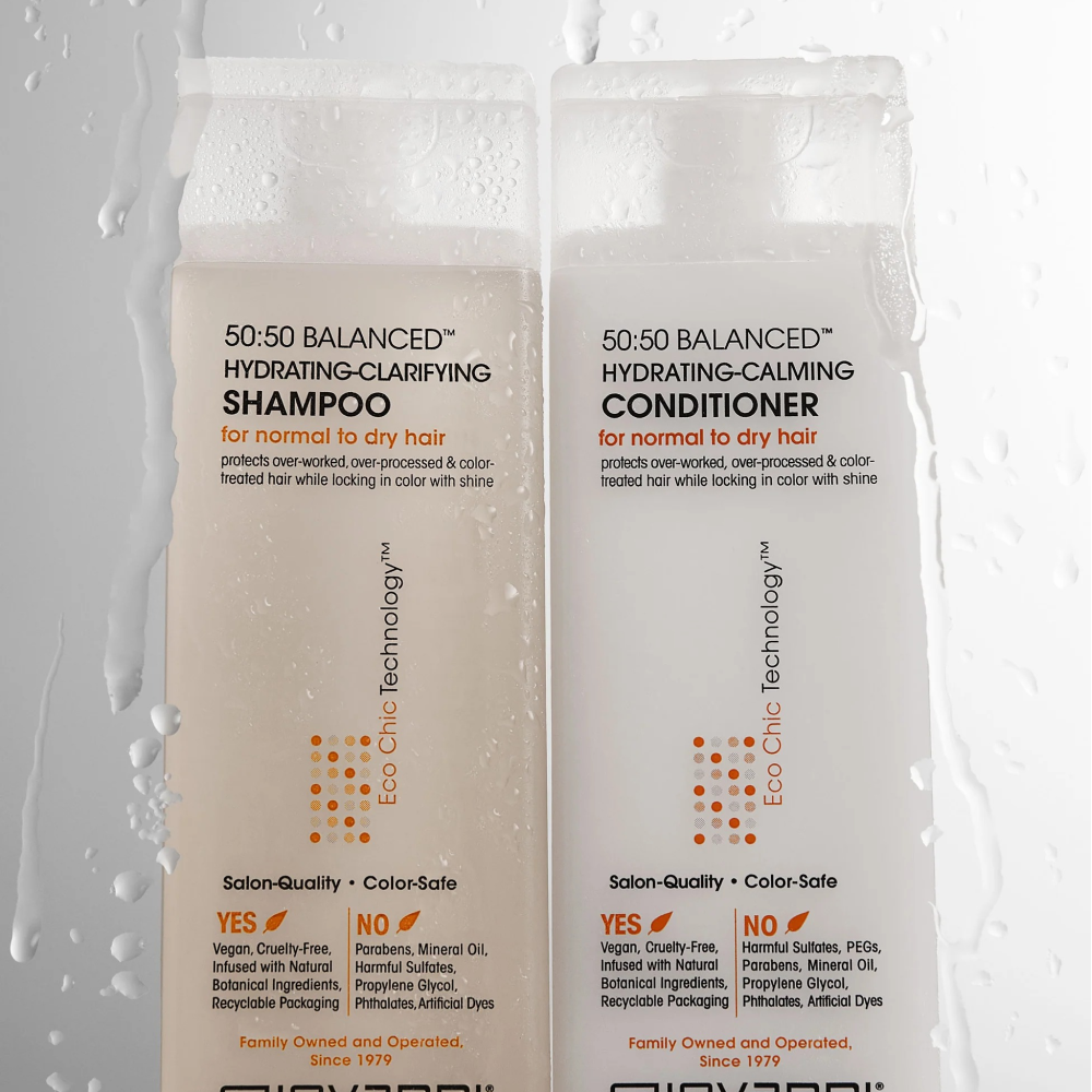 Two tall, rectangular Giovanni Eco Chic bottles: one shampoo, one conditioner, both white with orange text.