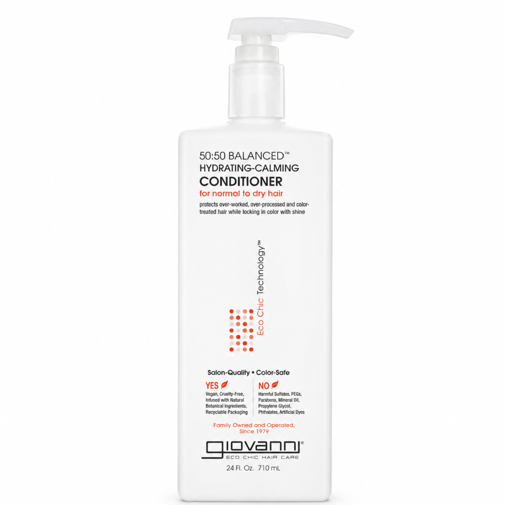 White Giovanni 50:50 Balanced Hydrating-Calming Conditioner 24 fl oz bottle with a pump dispenser.