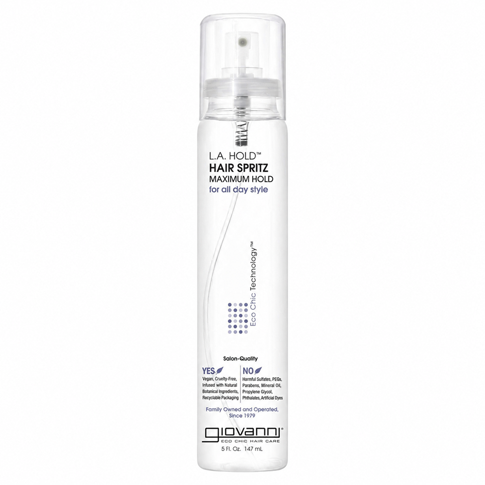 Clear Giovanni L.A. Hold Hair Spritz bottle with white label, black text, and a clear spray cap.