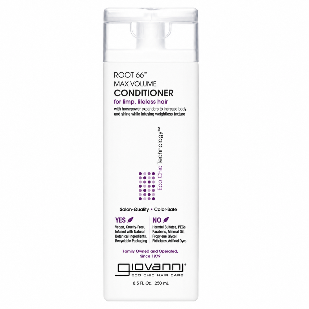 White rectangular Giovanni Root 66 Max Volume Conditioner bottle with purple text and a clear pump top.