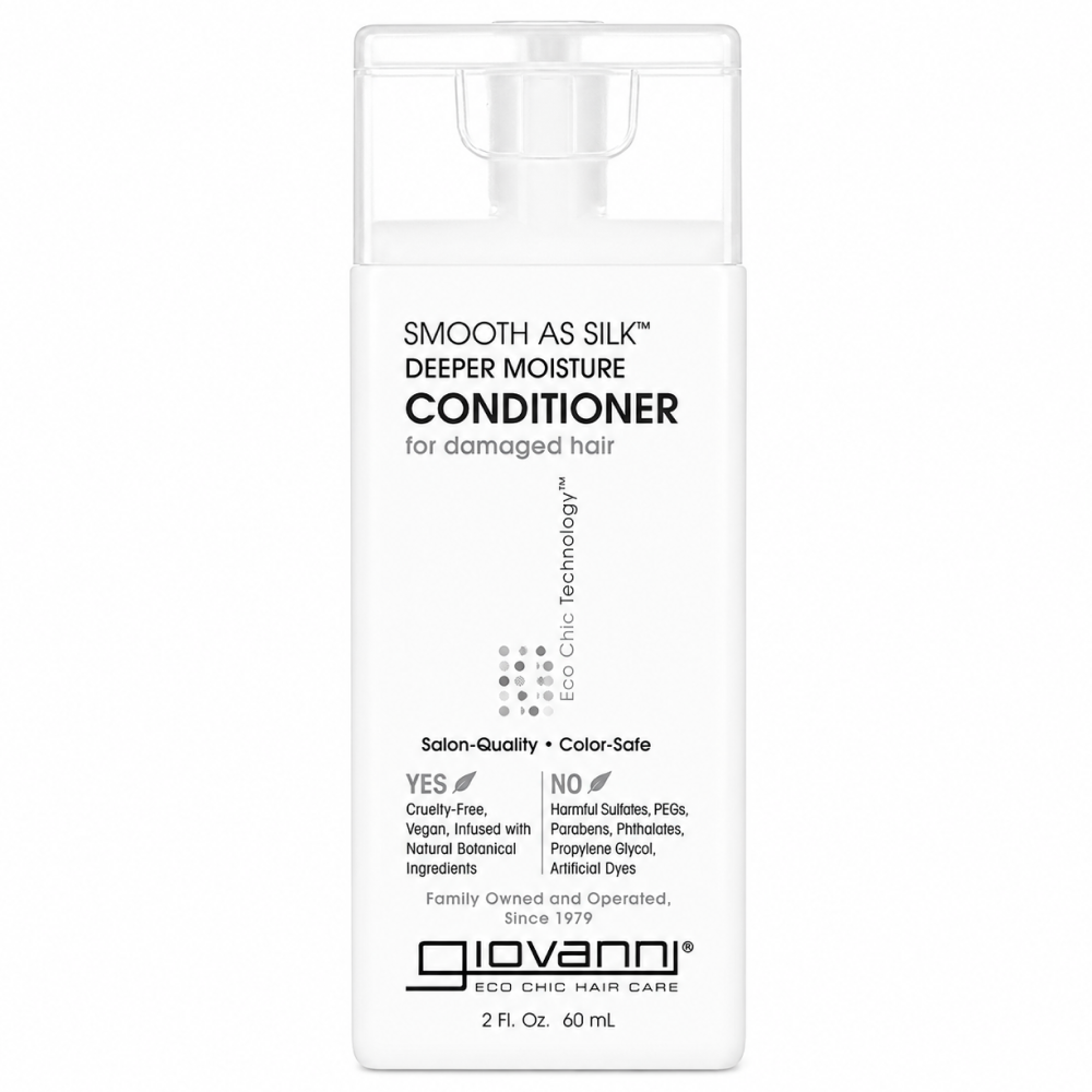 White Giovanni Smooth As Silk Deeper Moisture Conditioner bottle, 2 fl oz, with clear cap and black text.