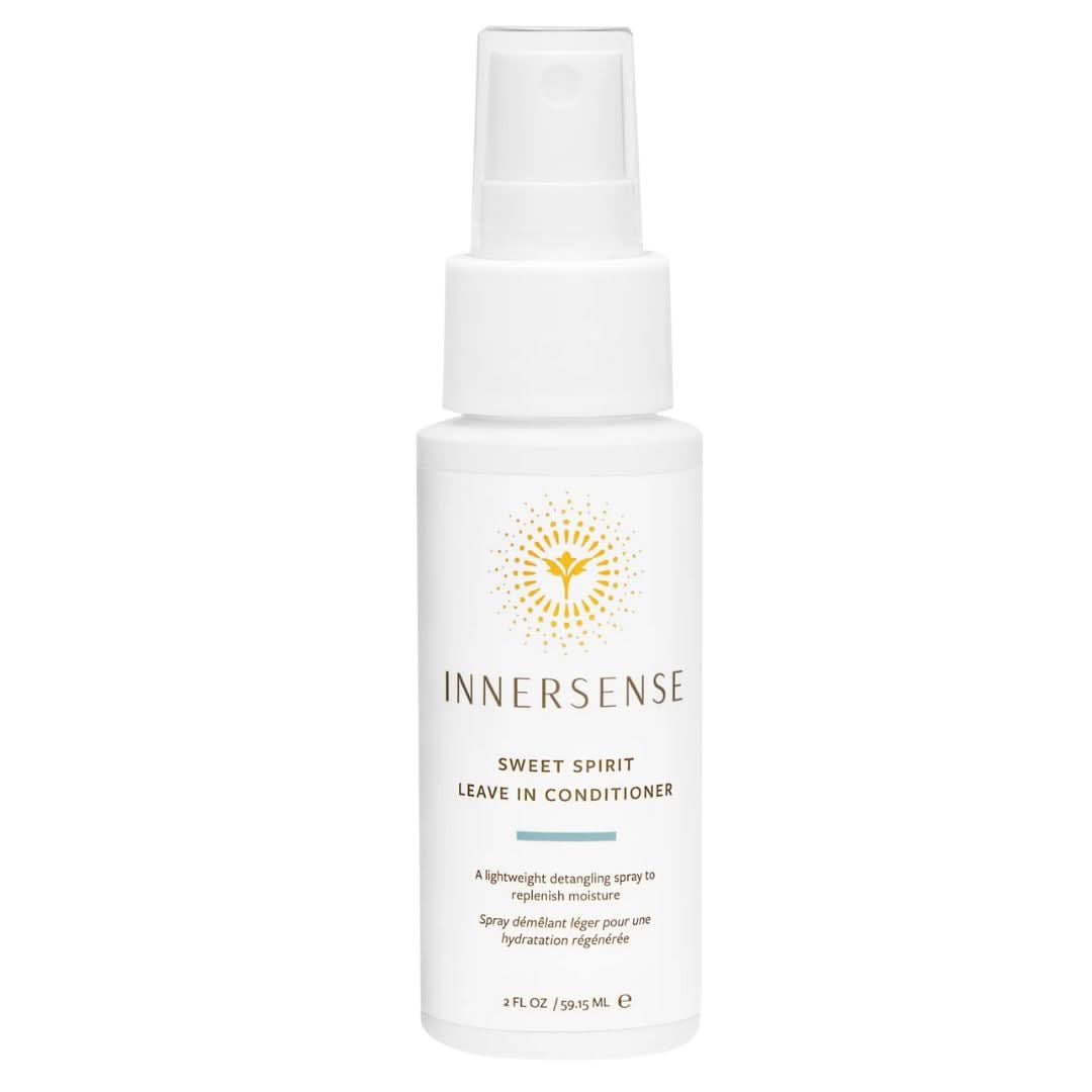White Innersense Sweet Spirit Leave-in Conditioner spray bottle with a gold sun logo.