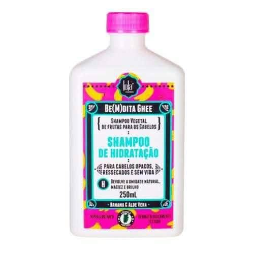 Lola Cosmetics Be(M)dita Ghee Hydration Shampoo, white bottle with pink cap and banana/aloe vera label.
