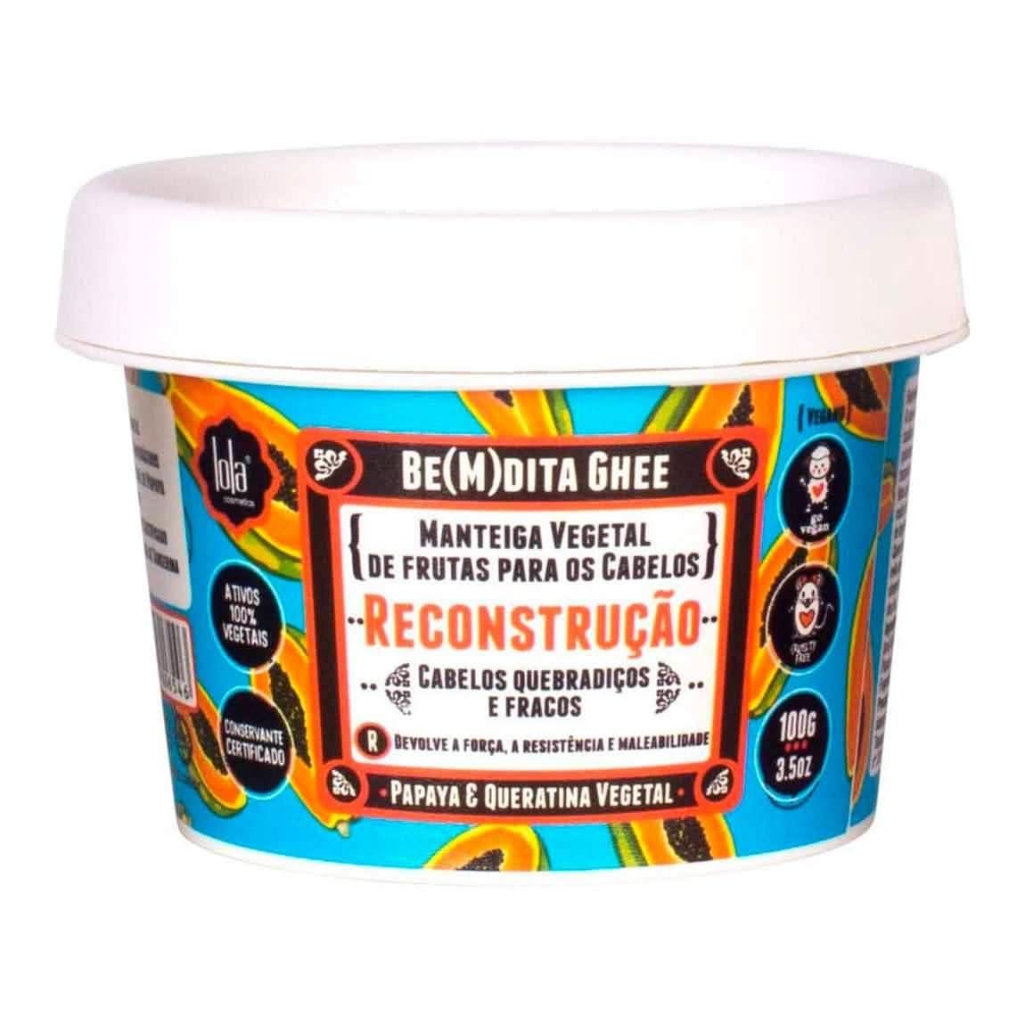 Lola Cosmetics Be(M)dita Ghee Reconstruction Mask, 100g blue tub with papaya slices and white lid.