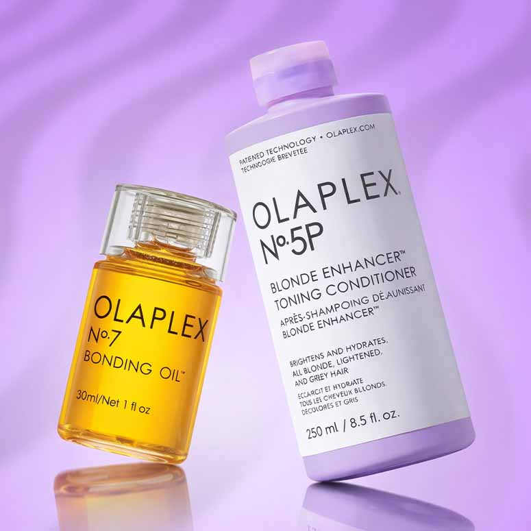 Olaplex No.7 Bonding Oil and No.5P Blonde Enhancer Toning Conditioner on a purple background