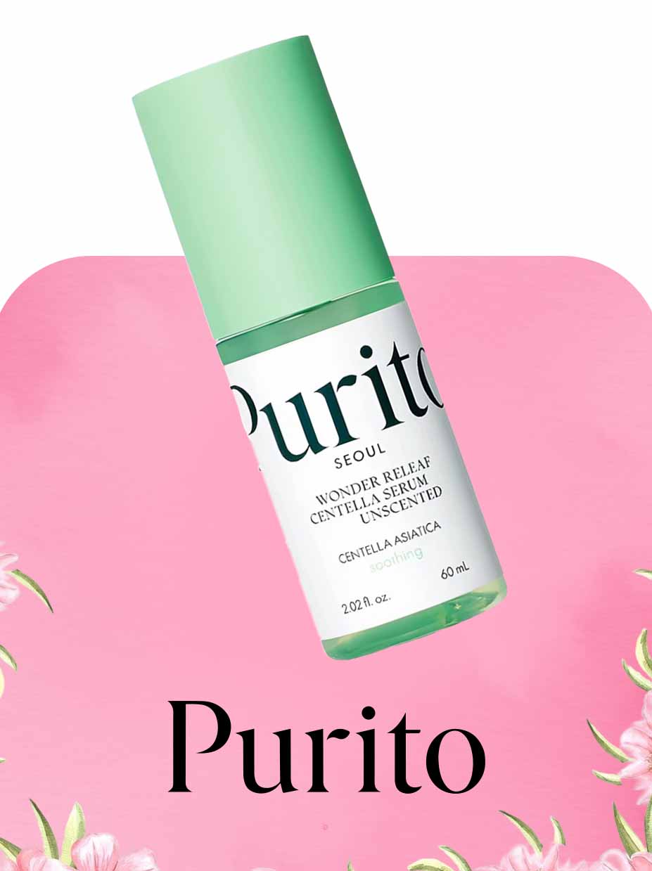 Purito skincare serum bottle on a pink background