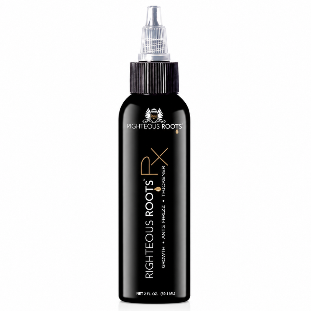 Righteous Roots Hair RX, a black 2 oz bottle with a clear applicator tip and gold lettering.