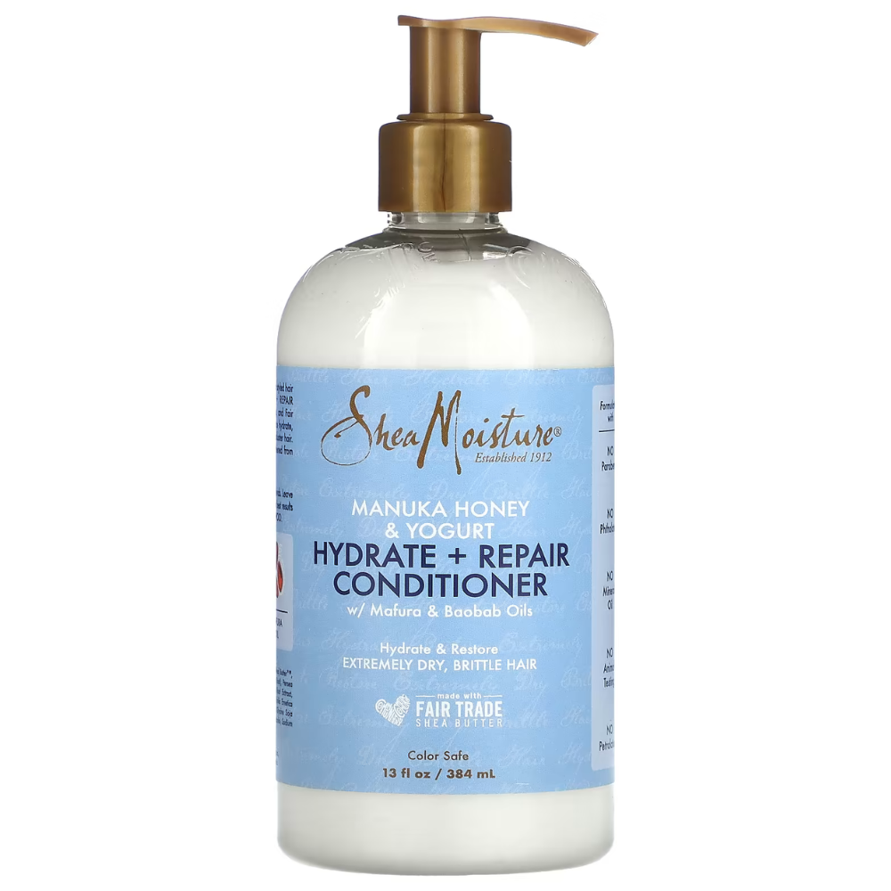 Shea Moisture Manuka Honey & Yogurt Hydrate + Repair Conditioner, 384ml, in a white bottle with a gold pump.