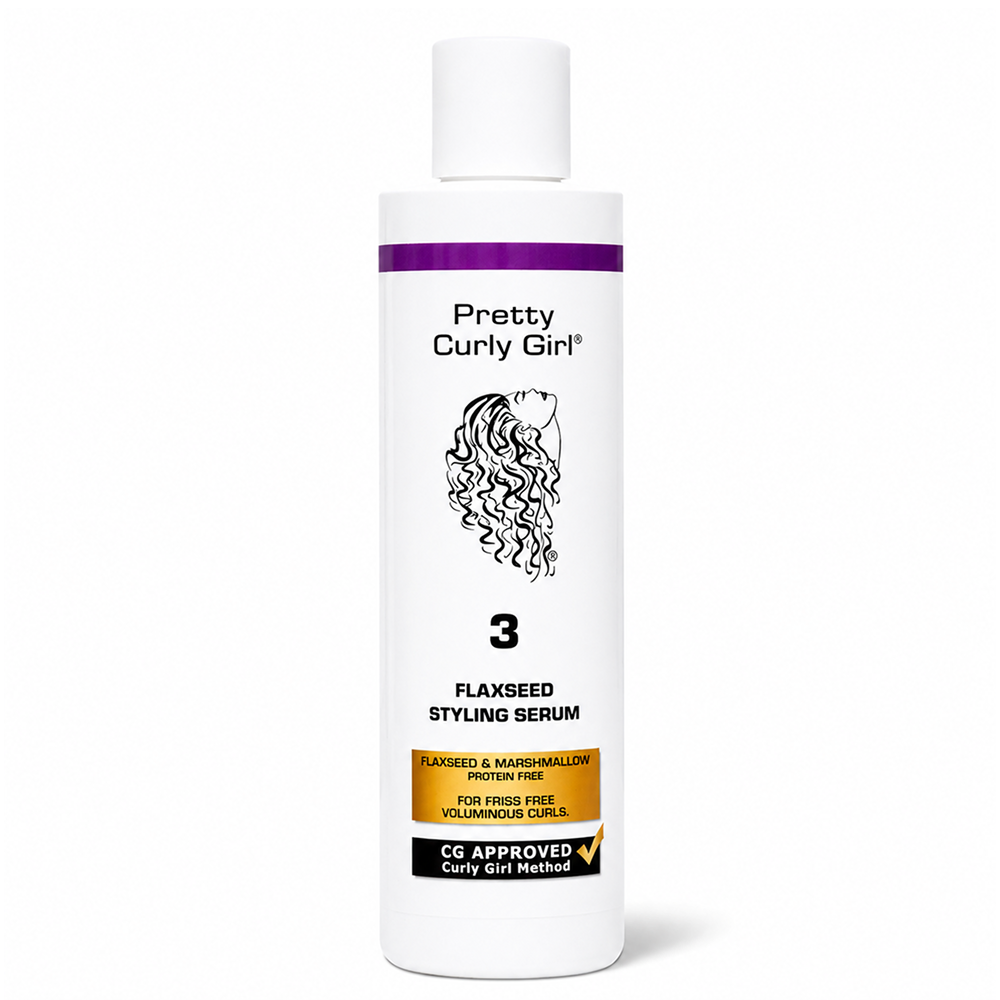 White Pretty Curly Girl Flaxseed Styling Serum bottle with purple and gold labels, 250ml.
