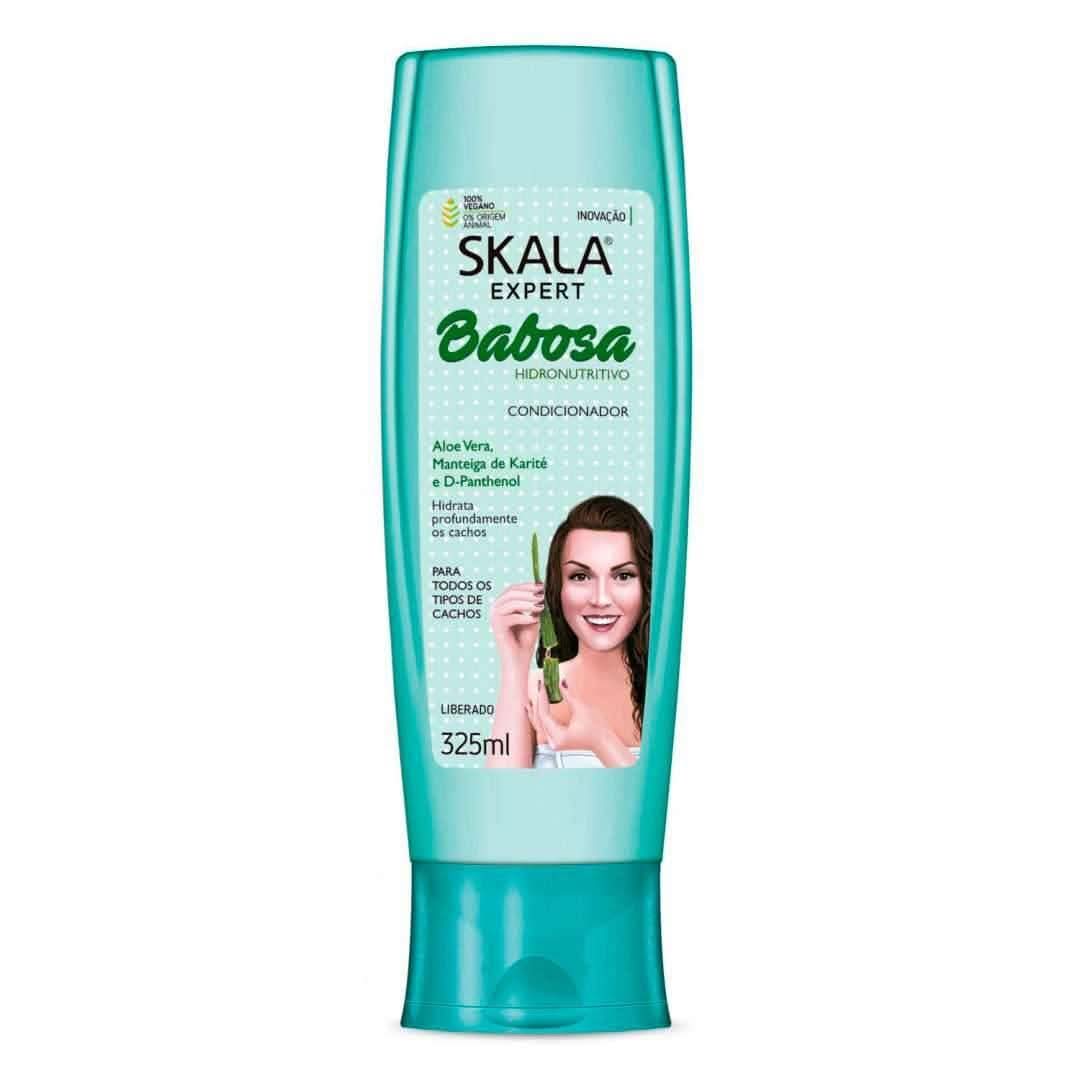 Skala Babosa Aloe Vera Conditioner, 325ml light blue bottle with green accents and a woman holding aloe.