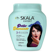Light blue Skala Expert Potão Desmaiado 1000g hair treatment with a woman wearing a blue polka dot headband.
